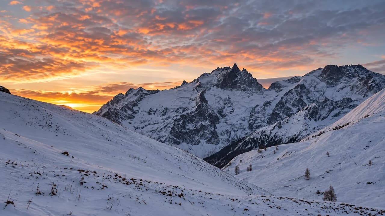 The magnificent landscape of the Écrins, snow-capped mountains at sunset – an invitation to adventure.