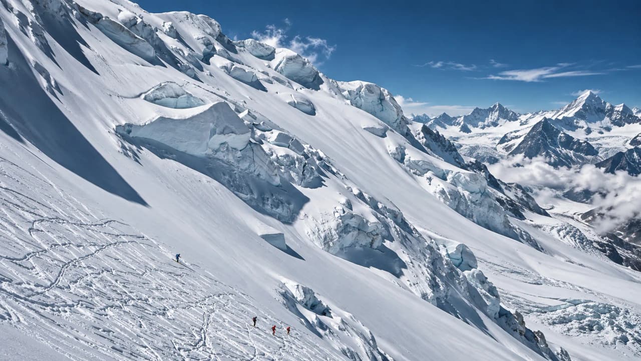 Paysage alpin époustouflant, skieurs sur la neige immaculée au Mont Blanc, ciel bleu éclatant.