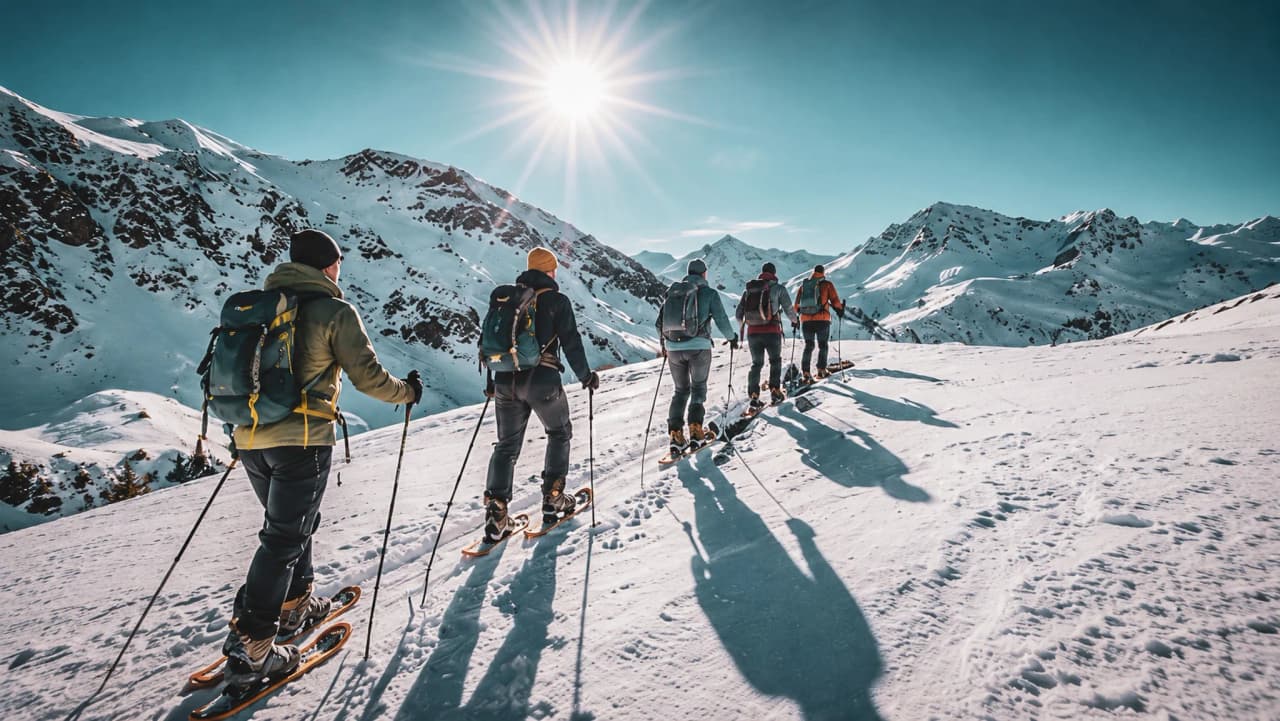 A group of snowshoe hikers exploring the snow-covered landscapes of the Hautes-Alpes in the sunshine.
