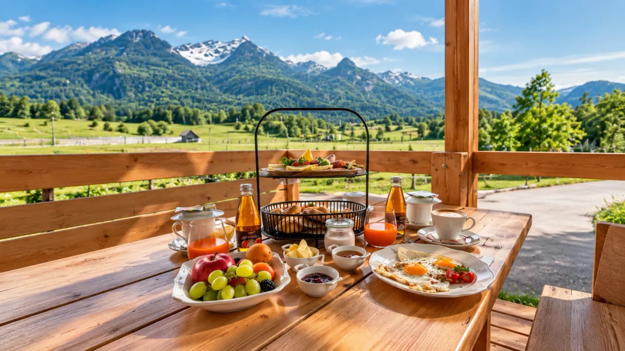 A gourmet breakfast with a view of the mountains – perfect for a trip to Slovenia.
