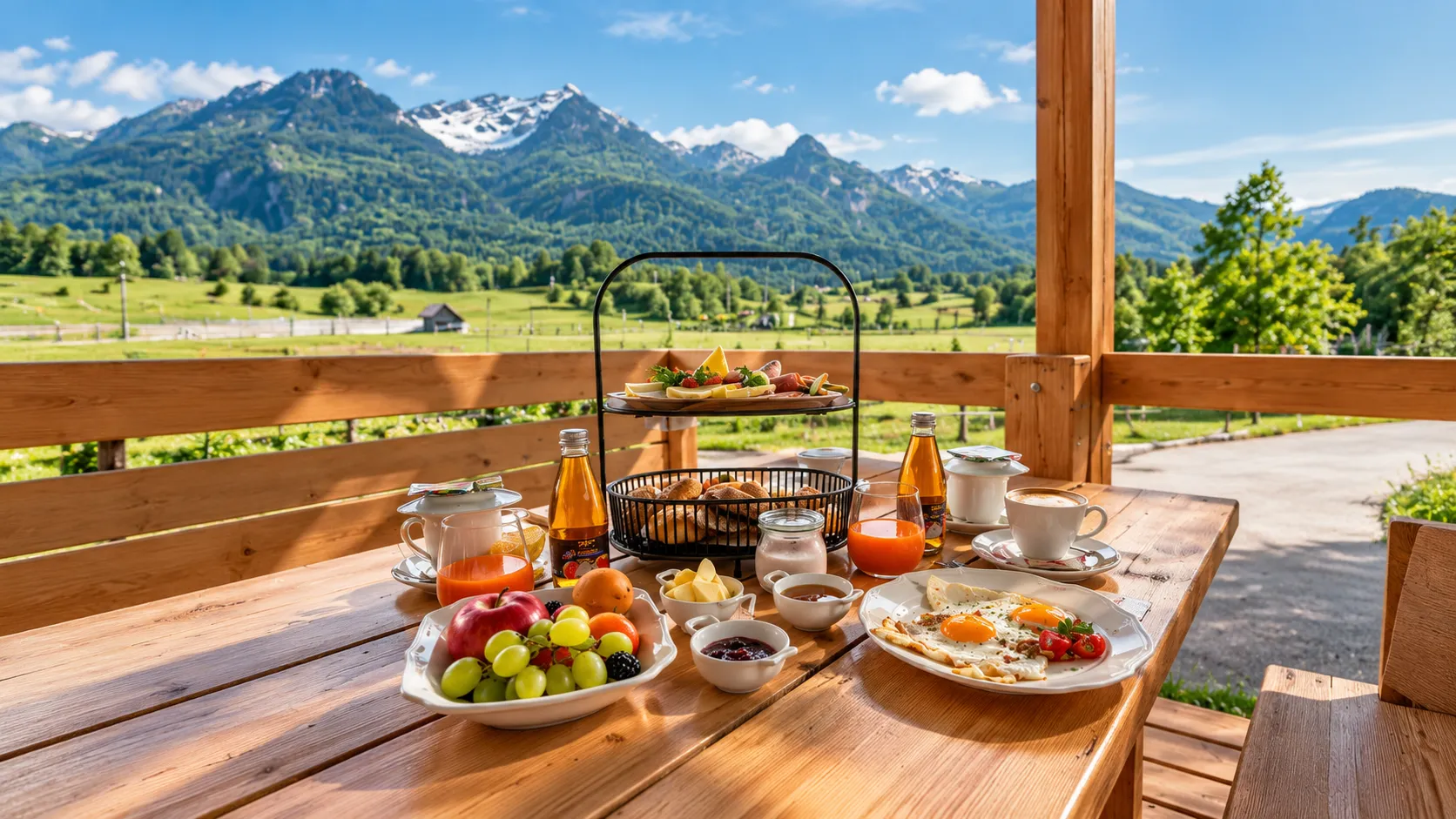 Petit-déjeuner gourmand face aux montagnes, idéal pour un voyage en Slovénie.