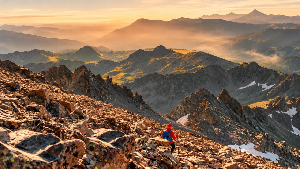 A hiker in brightly coloured clothing on a rocky path, admiring a mountain panorama at sunrise.
