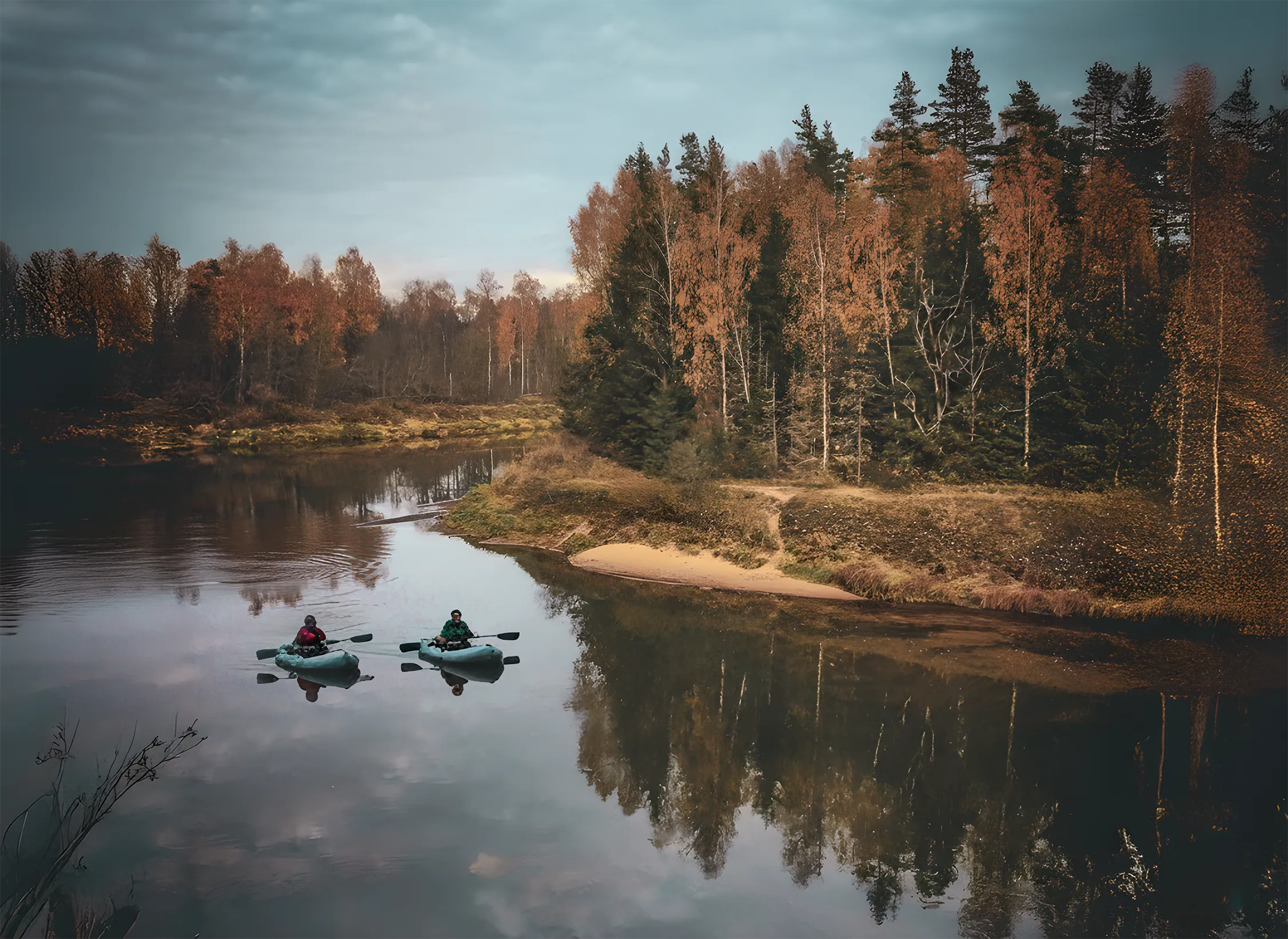 Two packrafters explore the rivers of Oulanka, surrounded by autumn landscapes.