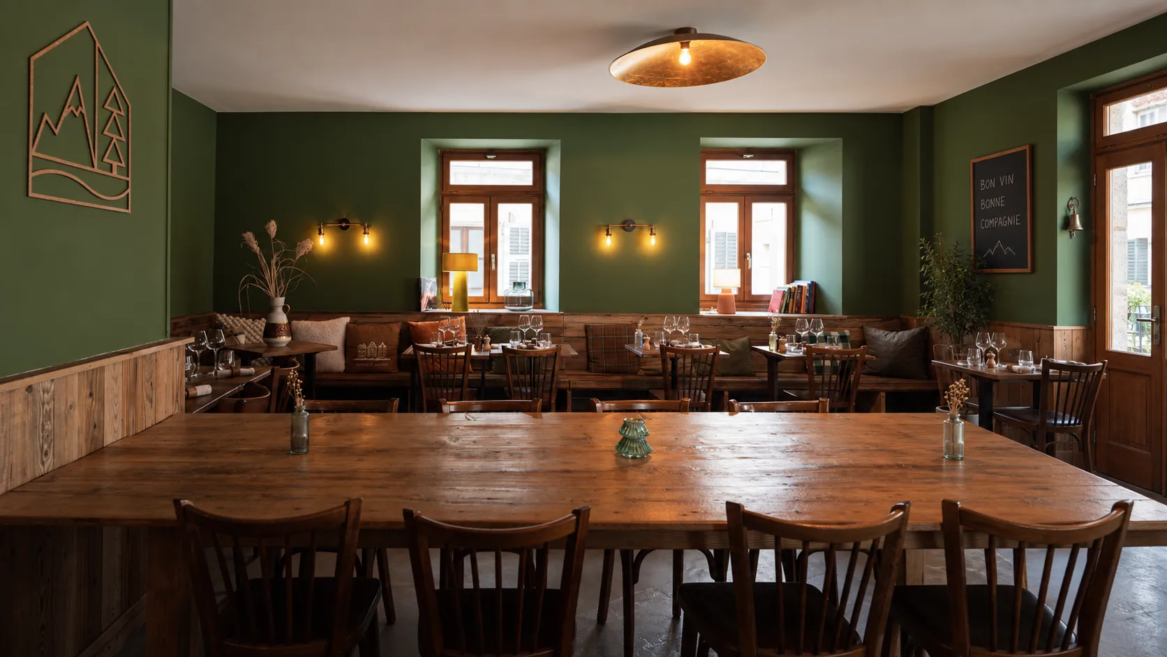 Een gezellige ruimte met houten meubilair en gemeenschappelijke tafels, ideaal om te ontspannen na een dag in de bergen.
