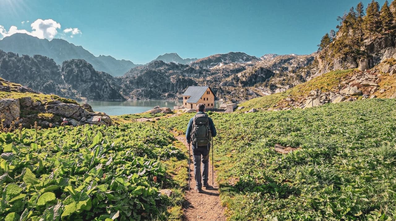 Hiking in the Pyrenees, with a trail leading to a Mountain hut on the edge of an enchanting lake.