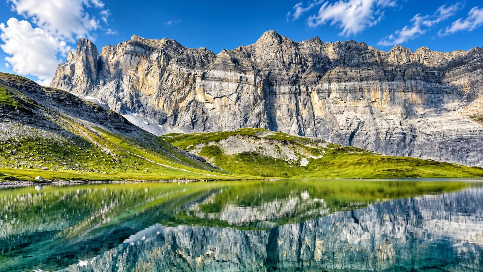 A peaceful lake surrounded by majestic mountains beneath a brilliant blue sky – an invitation to adventure.