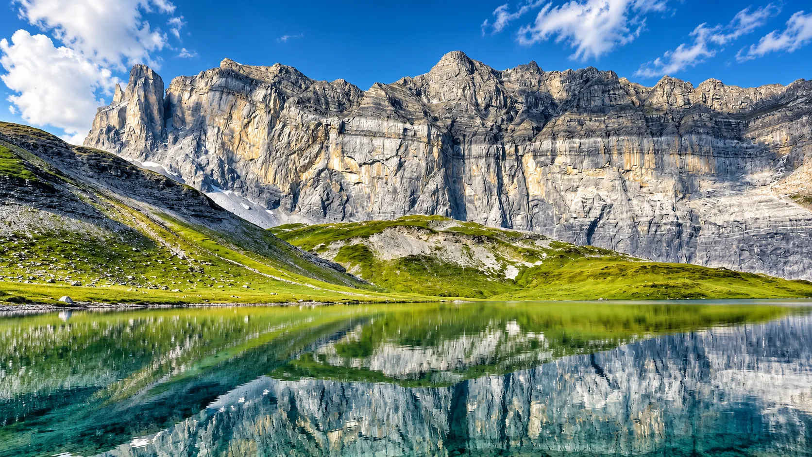 A peaceful lake surrounded by majestic mountains beneath a brilliant blue sky – an invitation to adventure.