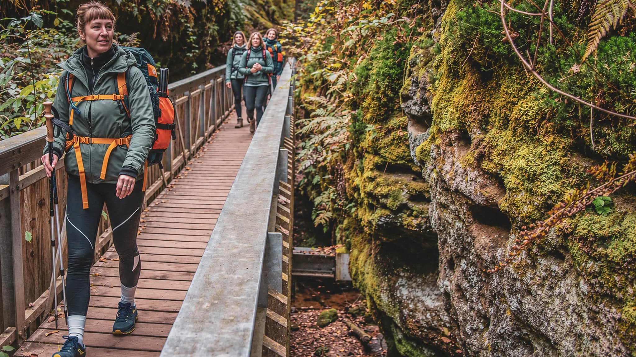 Randonnée en Mullerthal : aventuriers sur un sentier boisé, entourés de falaises verdoyantes.