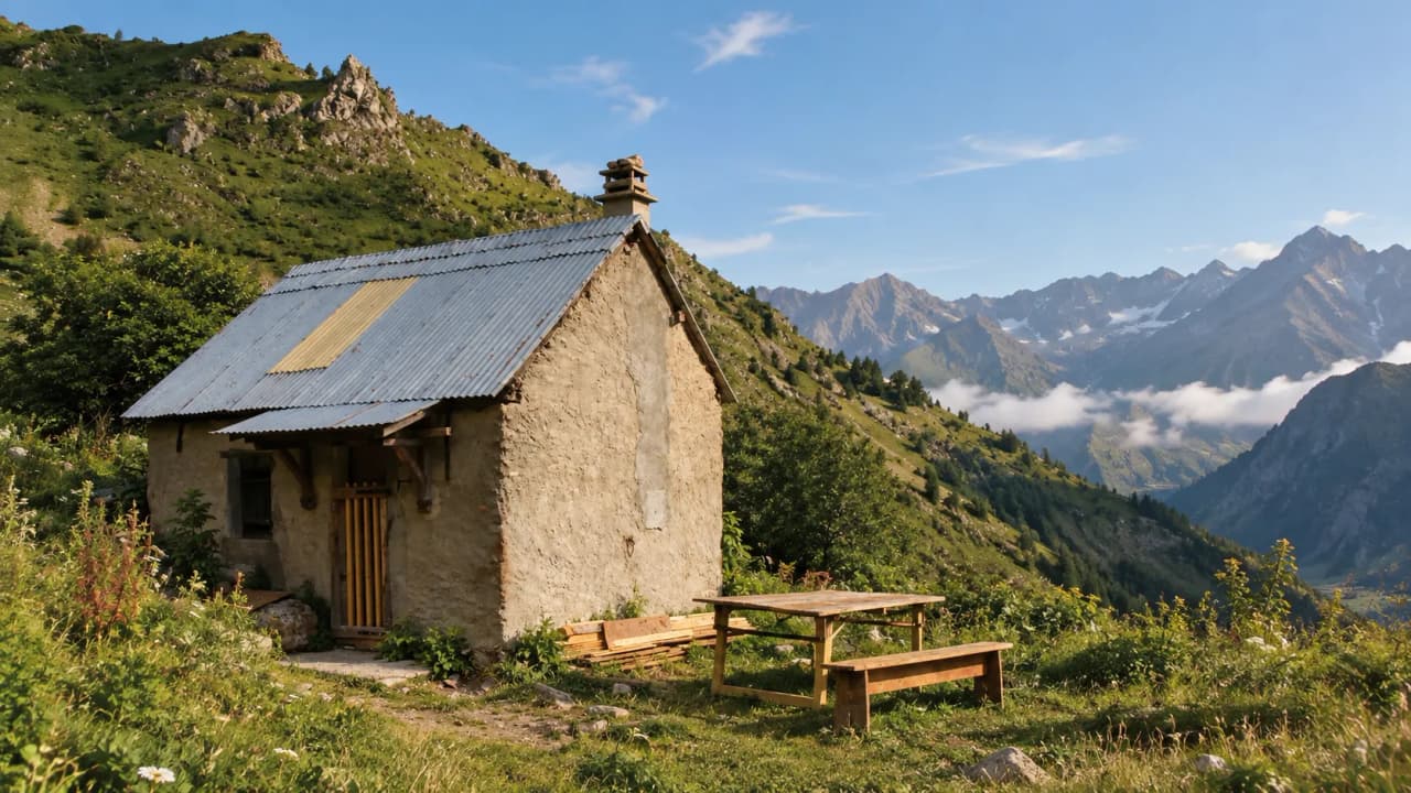 Charmante cabane en pierre, entourée de montagnes verdoyantes, un panorama à couper le souffle.