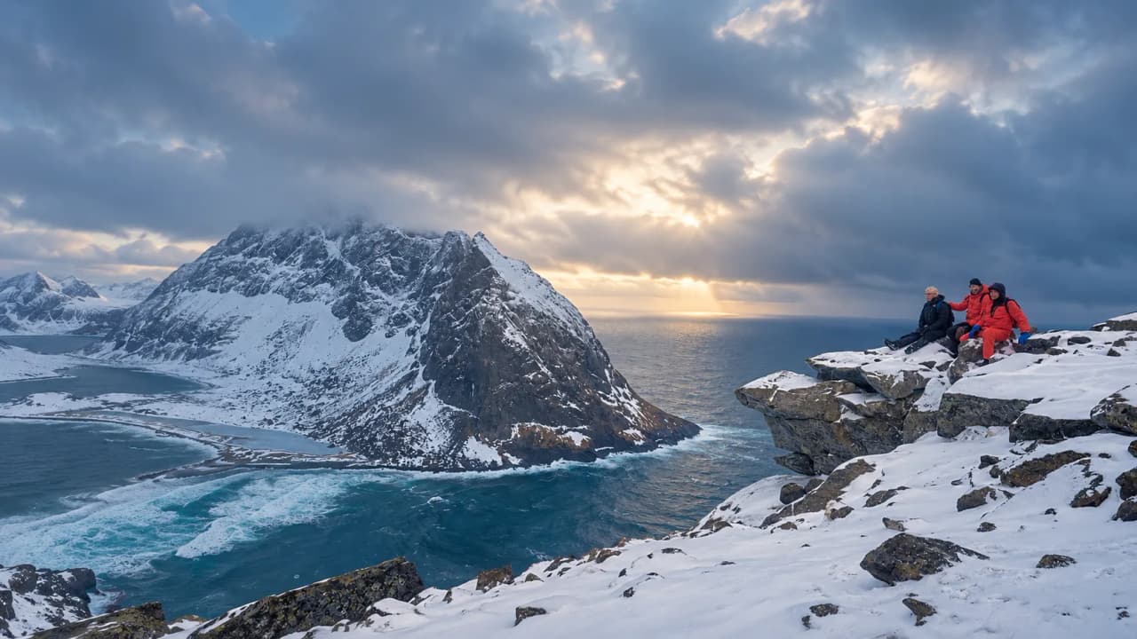 Trois personnes admirent un paysage spectaculaire de montagnes enneigées et d'océan dans les Lofoten.