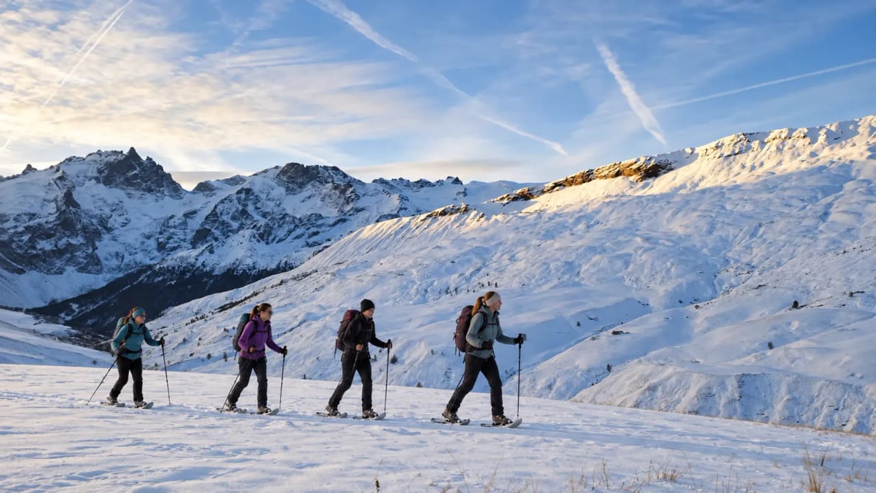 Four women in snowshoes are walking across a vast snow-covered landscape, surrounded by majestic mountains.