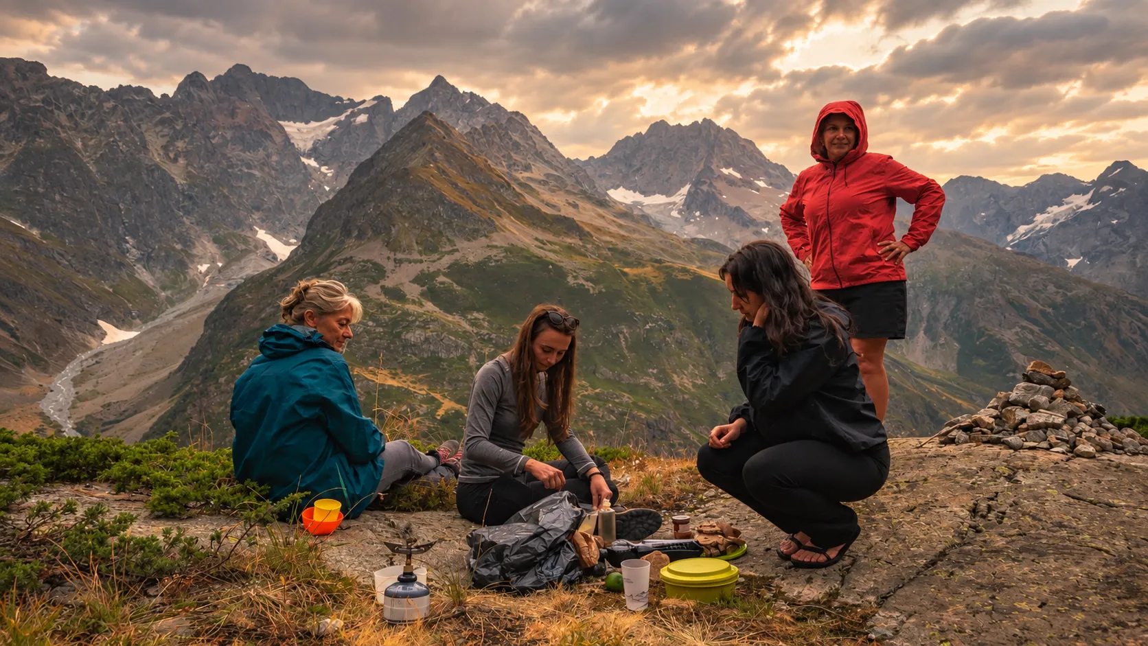 Quatre randonneurs préparant un repas en pleine nature, avec majestueux sommets en arrière-plan.