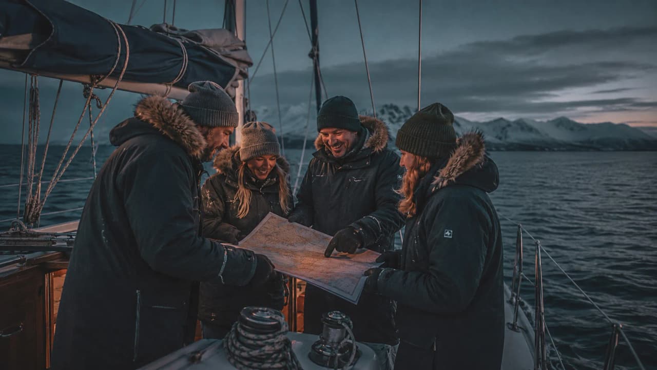 Een groep avonturiers op een zeilboot, die een kaart bestuderen met op de achtergrond spectaculaire fjorden.