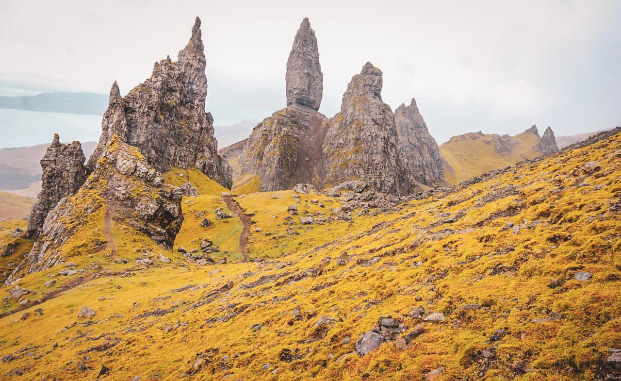 Création de paysages majestueux avec des falaises sculptées et des prairies dorées sur l'île de Skye.