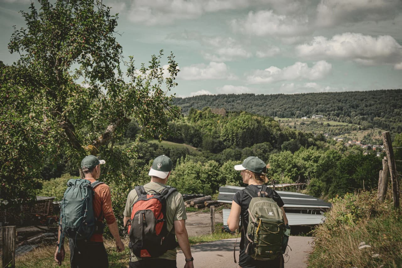Three hikers explore Luxembourg's Little Switzerland, surrounded by lush green countryside.