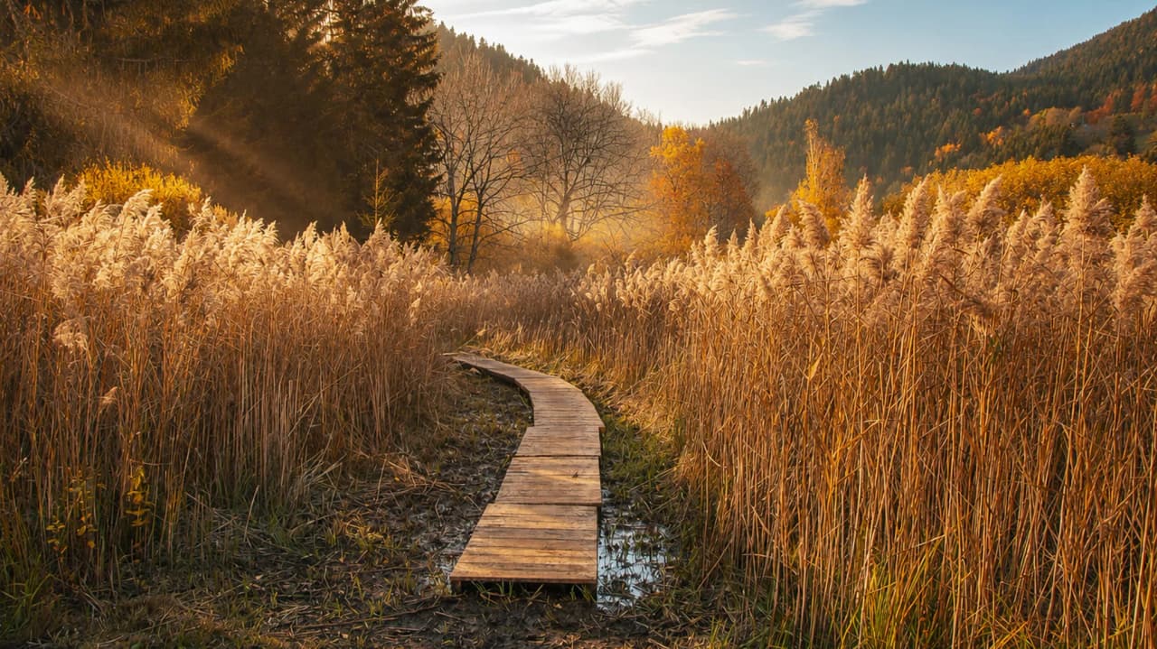 Un chemin en bois serpentant à travers des herbes dorées, illuminé par la lumière d'automne.