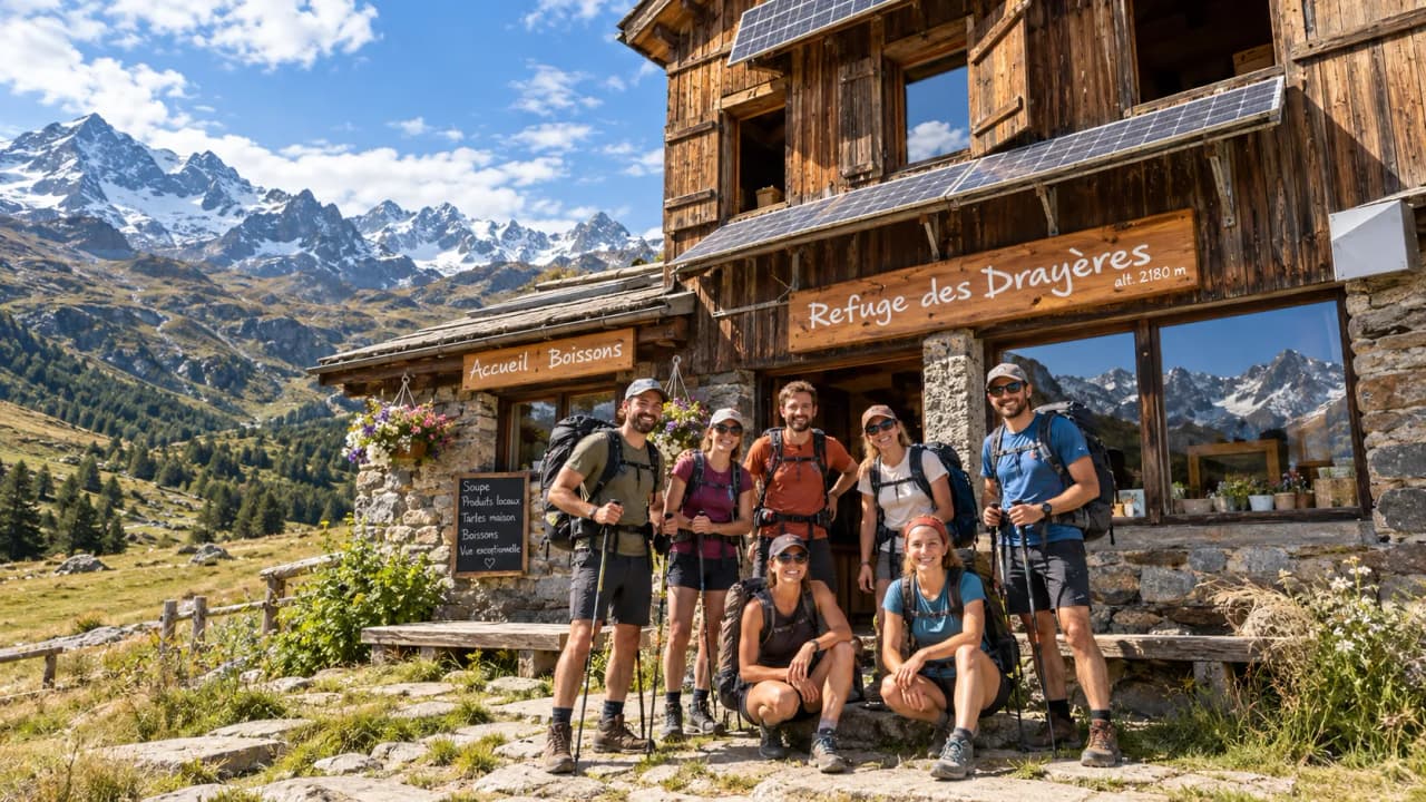 Groupe de randonneurs souriants devant un refuge en montagne, entouré de paysages alpins majestueux.