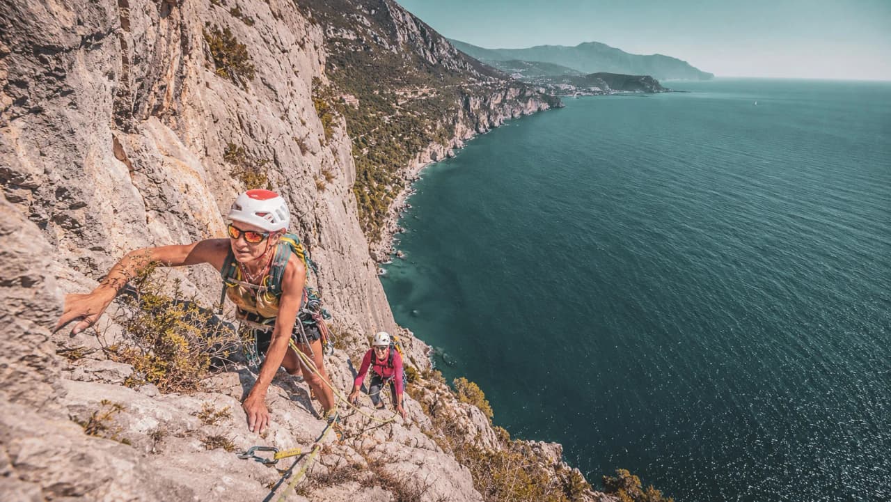 A spectacular climb on limestone, overlooking the Mediterranean at Finale Ligure.