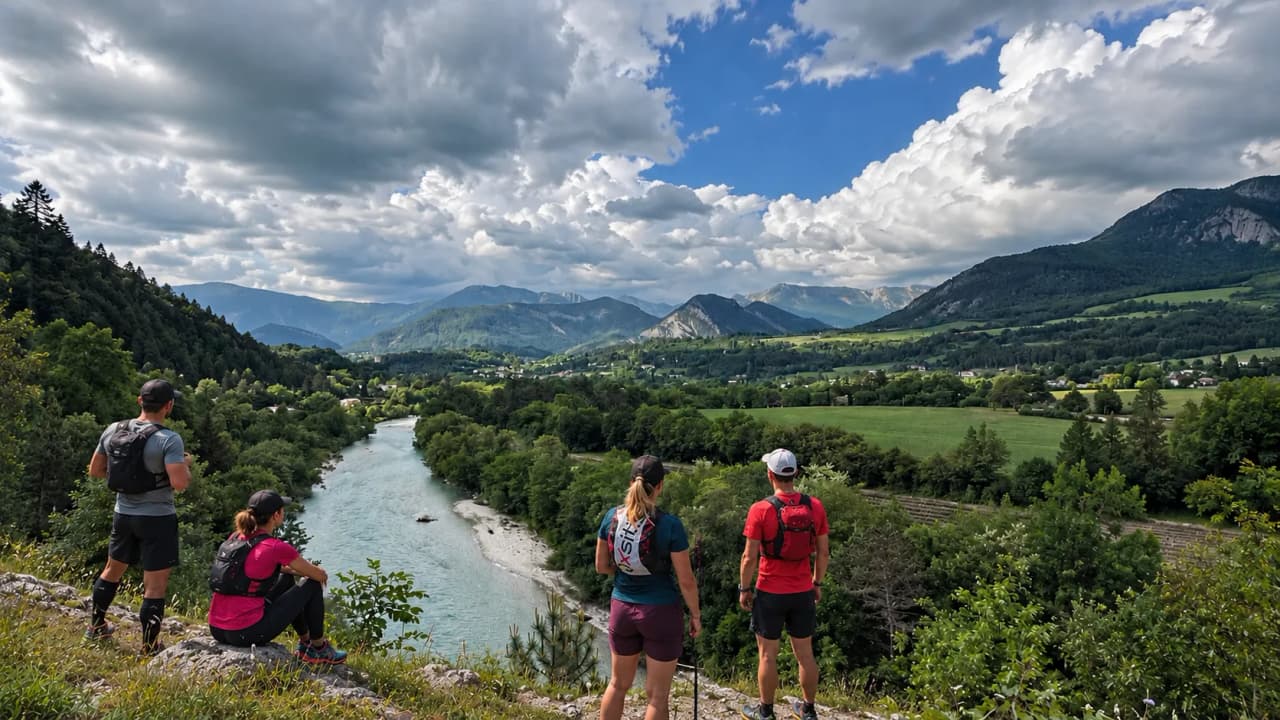 Three walkers are admiring a breathtaking view of the mountains and the river in the Vercors.