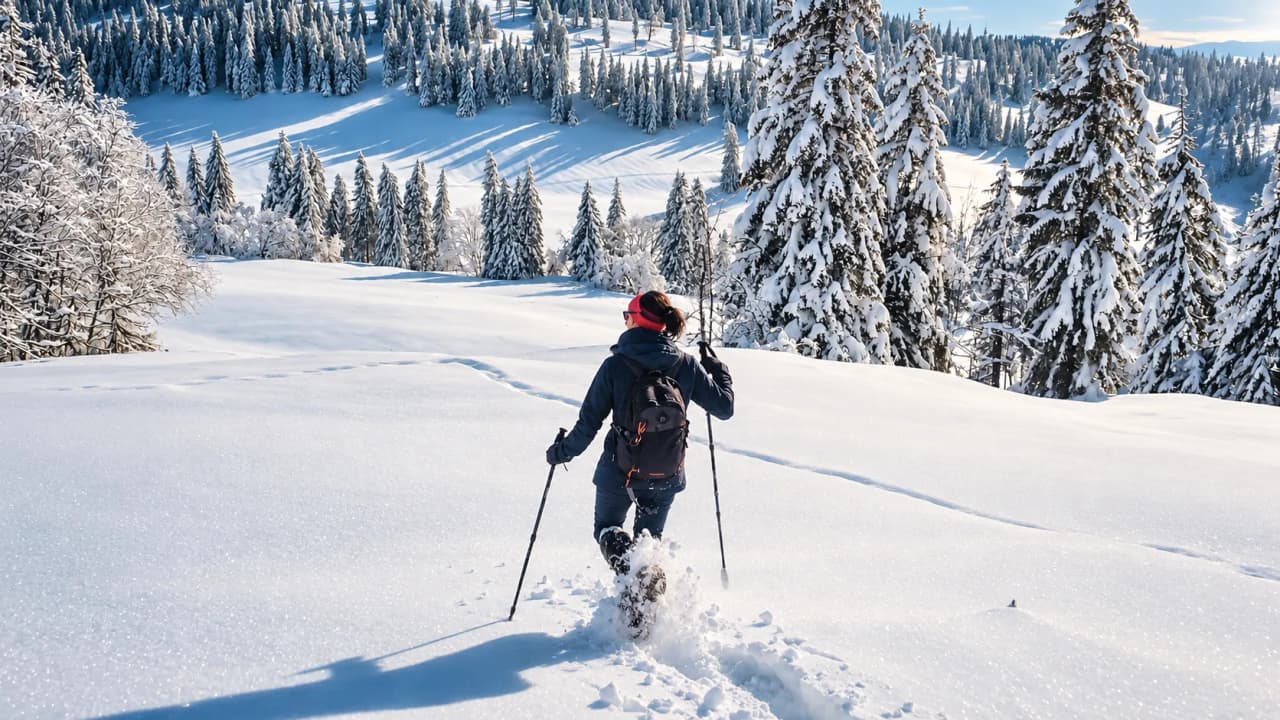 A hiker enjoying the magical snowy landscape of the Vercors, ready for adventure.