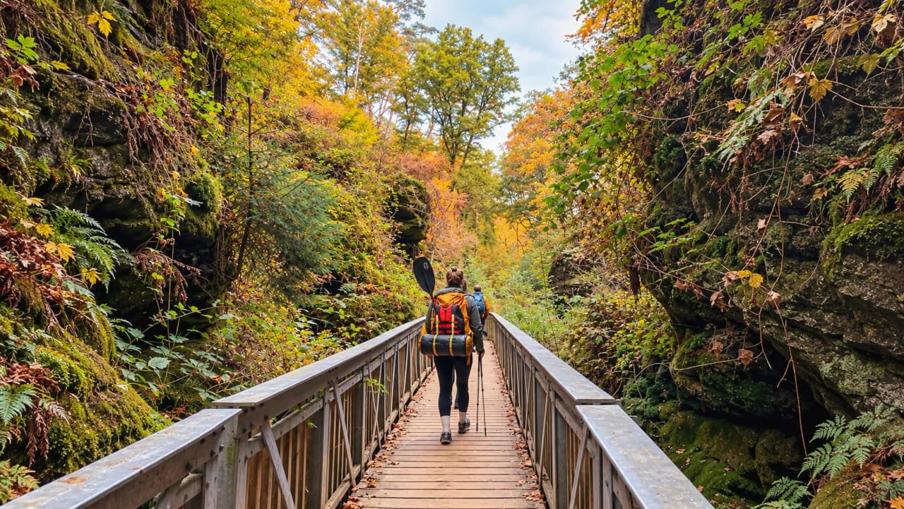 Een rustige wandeling over een brug te midden van de herfstkleuren, op weg naar een avontuur met de packraft.