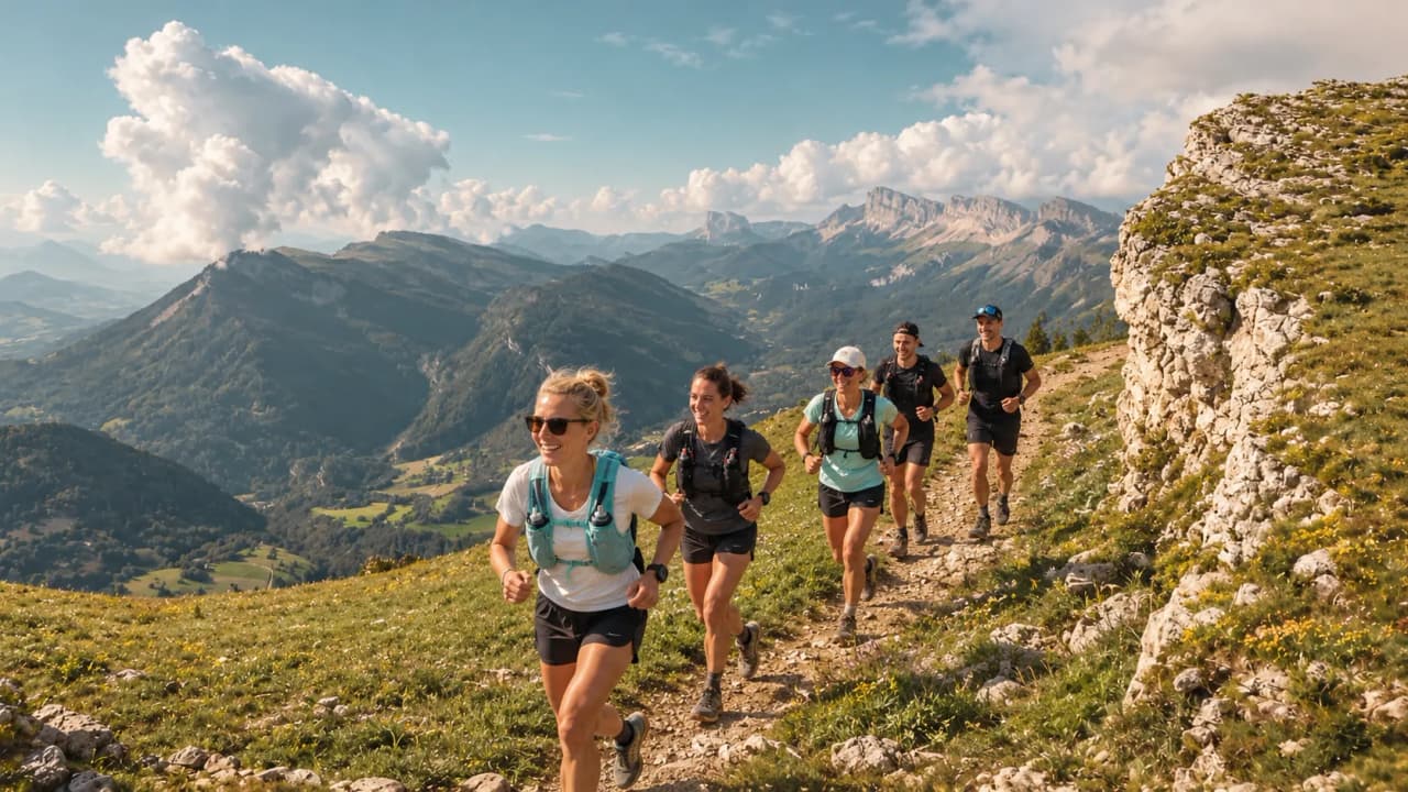 A group of trail runners in the Vercors, with lush green mountains in the background.