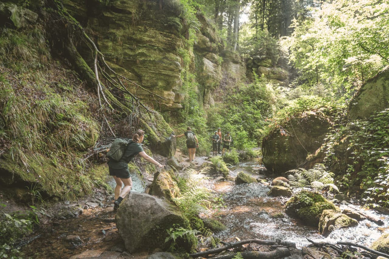 Hiking in Luxembourg's Little Switzerland, along enchanting paths beside a sparkling stream.