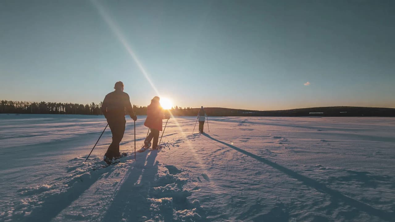 Three snowshoe trekkers explore a snow-covered landscape in bright Lapland sunshine.