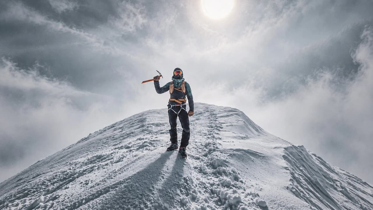 Un alpiniste triomphant au sommet du Mont Blanc, entouré de neige et d'un ciel dramatique.