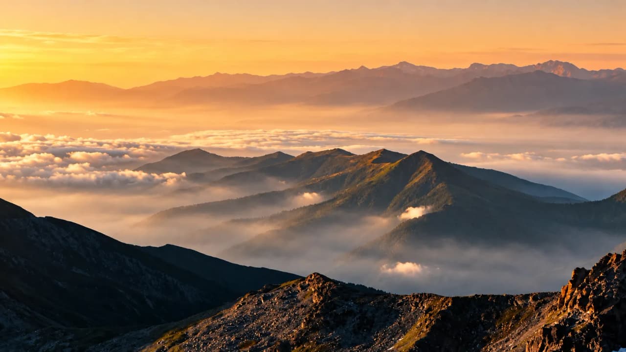 An enchanting panorama of the mountains at sunrise, shrouded in mist, beckoning you to set off on an adventure.