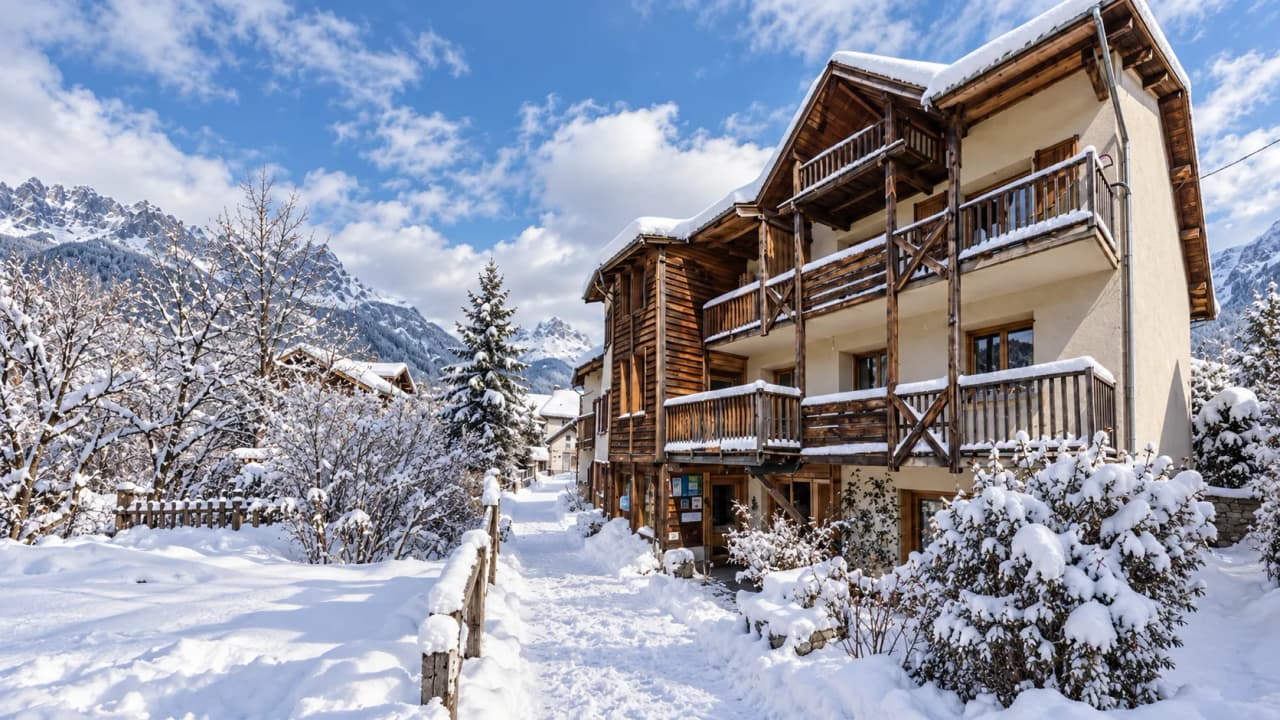 A charming snow-covered wooden chalet, surrounded by majestic mountains, perfect for a winter getaway.
