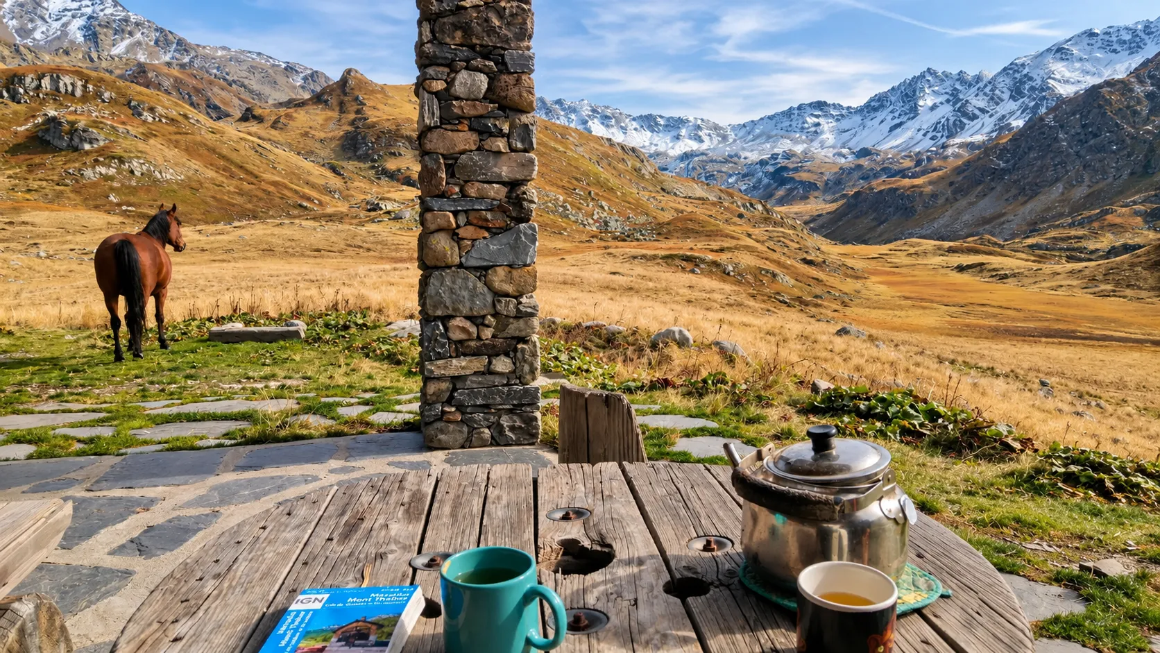 A stone chalet, cups of tea and a horse, set against a majestic alpine landscape.