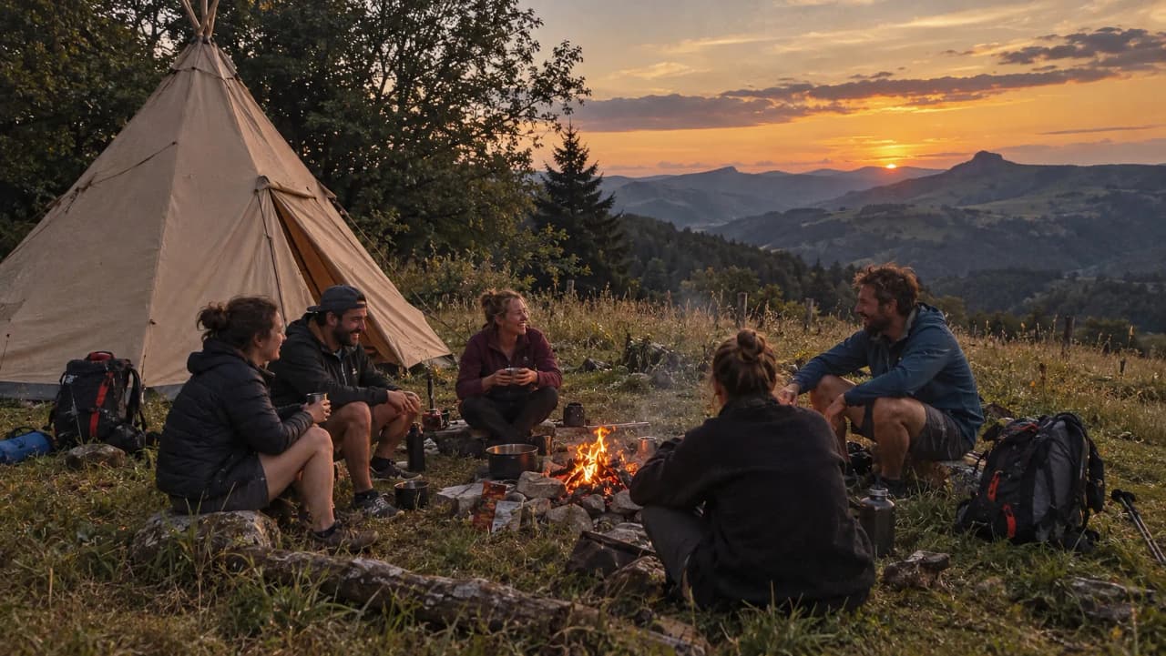 Groupe de randonneurs autour d'un feu, bivouac au crépuscule dans le Massif Central.