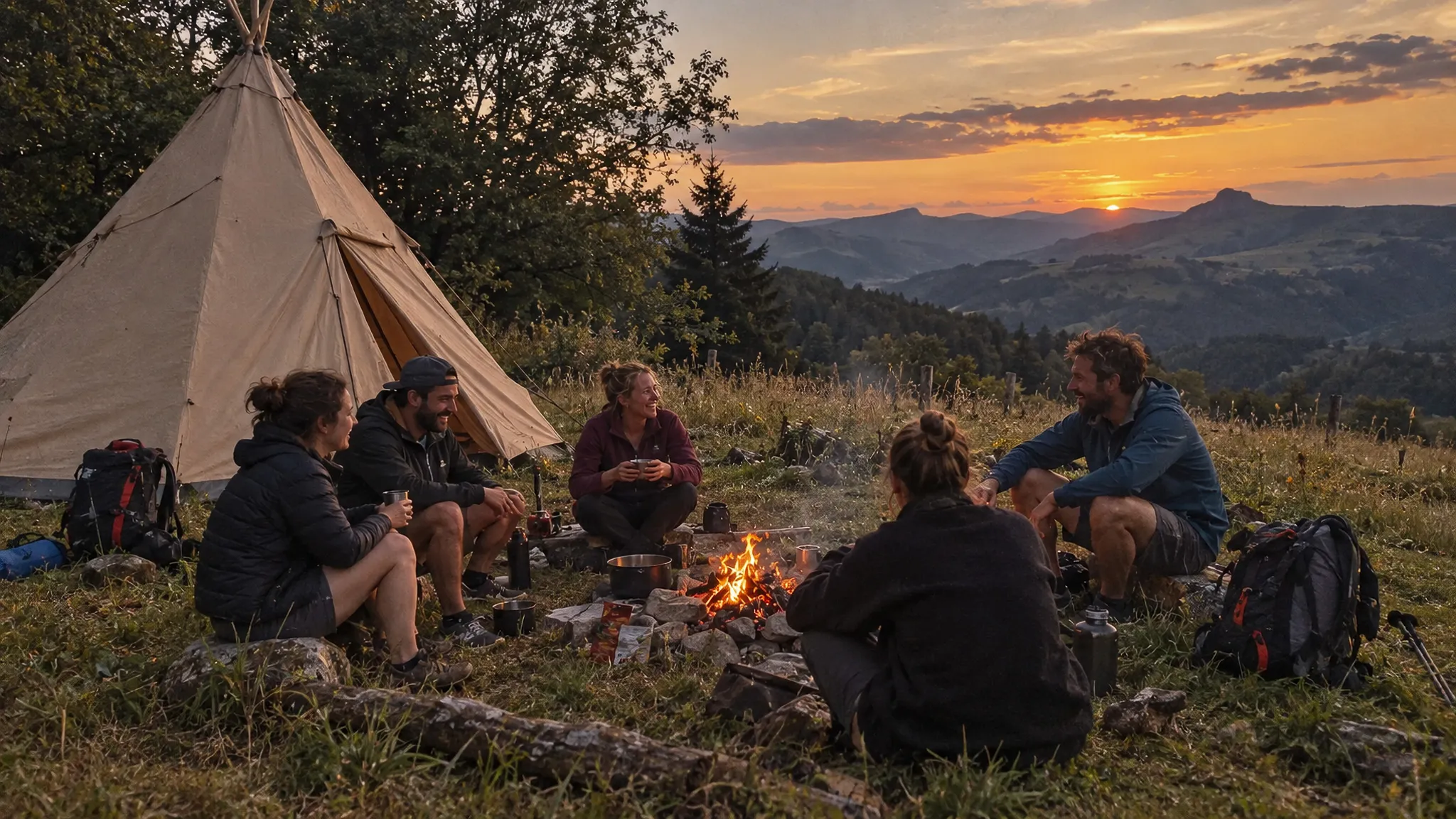 Groupe de randonneurs autour d'un feu, bivouac au crépuscule en Auvergne.