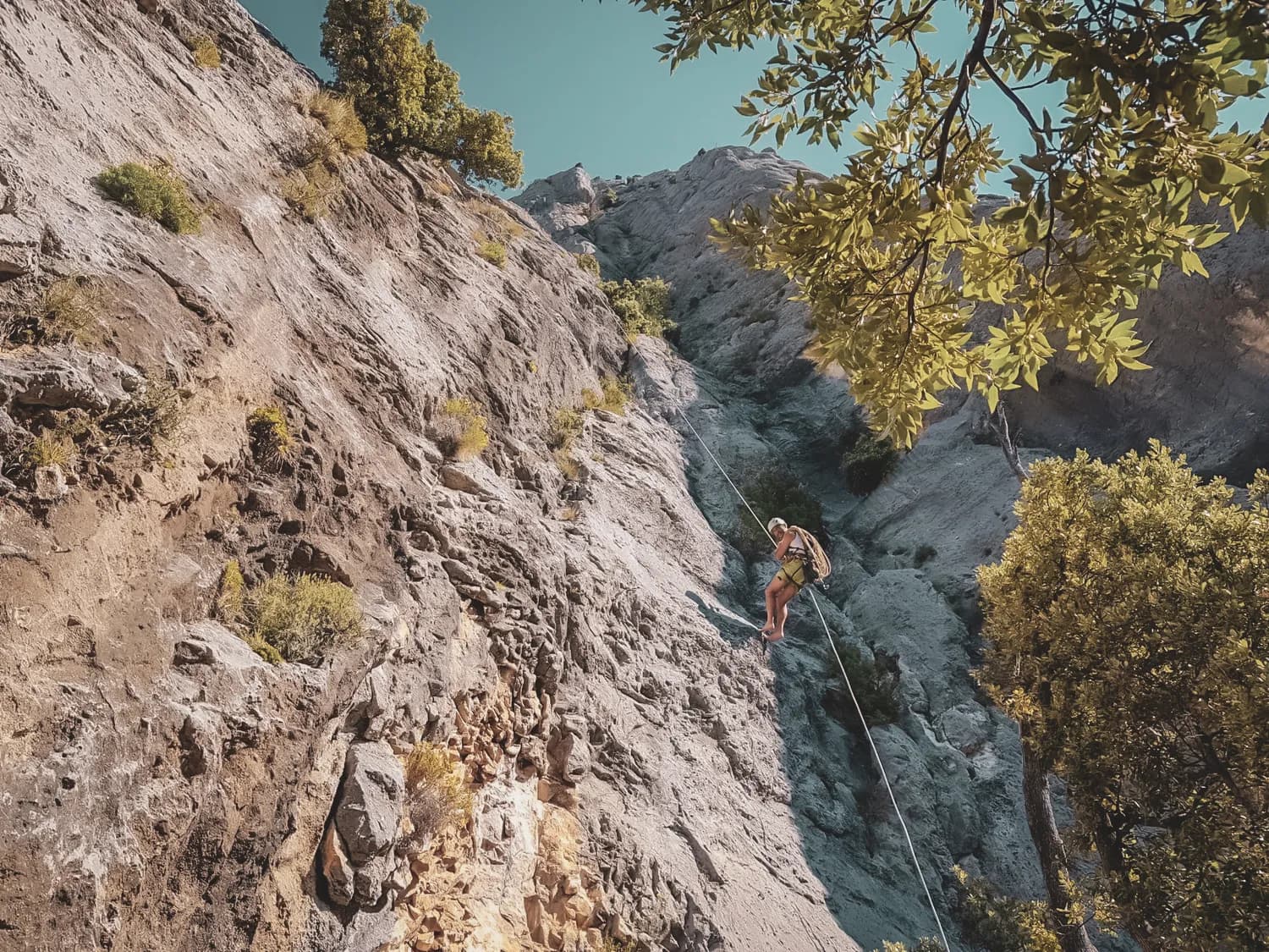 Climbing a cliff in the Gorges du Verdon, surrounded by greenery and under a blue sky.