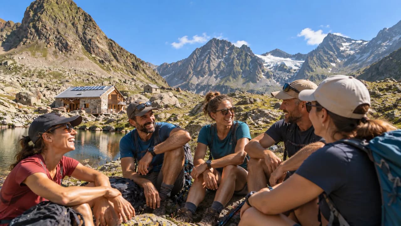 Five smiling walkers are resting by a lake, with majestic mountains in the background.