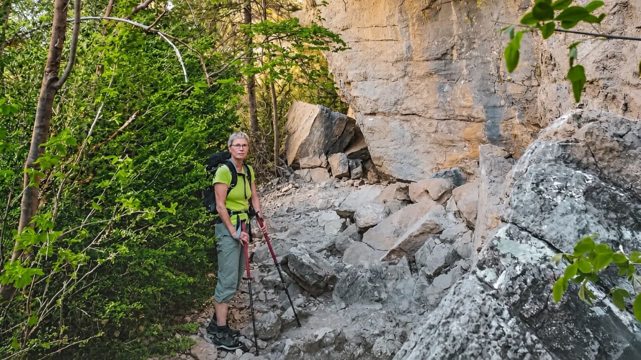 Een wandelaarster op een rotsachtig pad, omringd door weelderige natuur, klaar voor het avontuur.