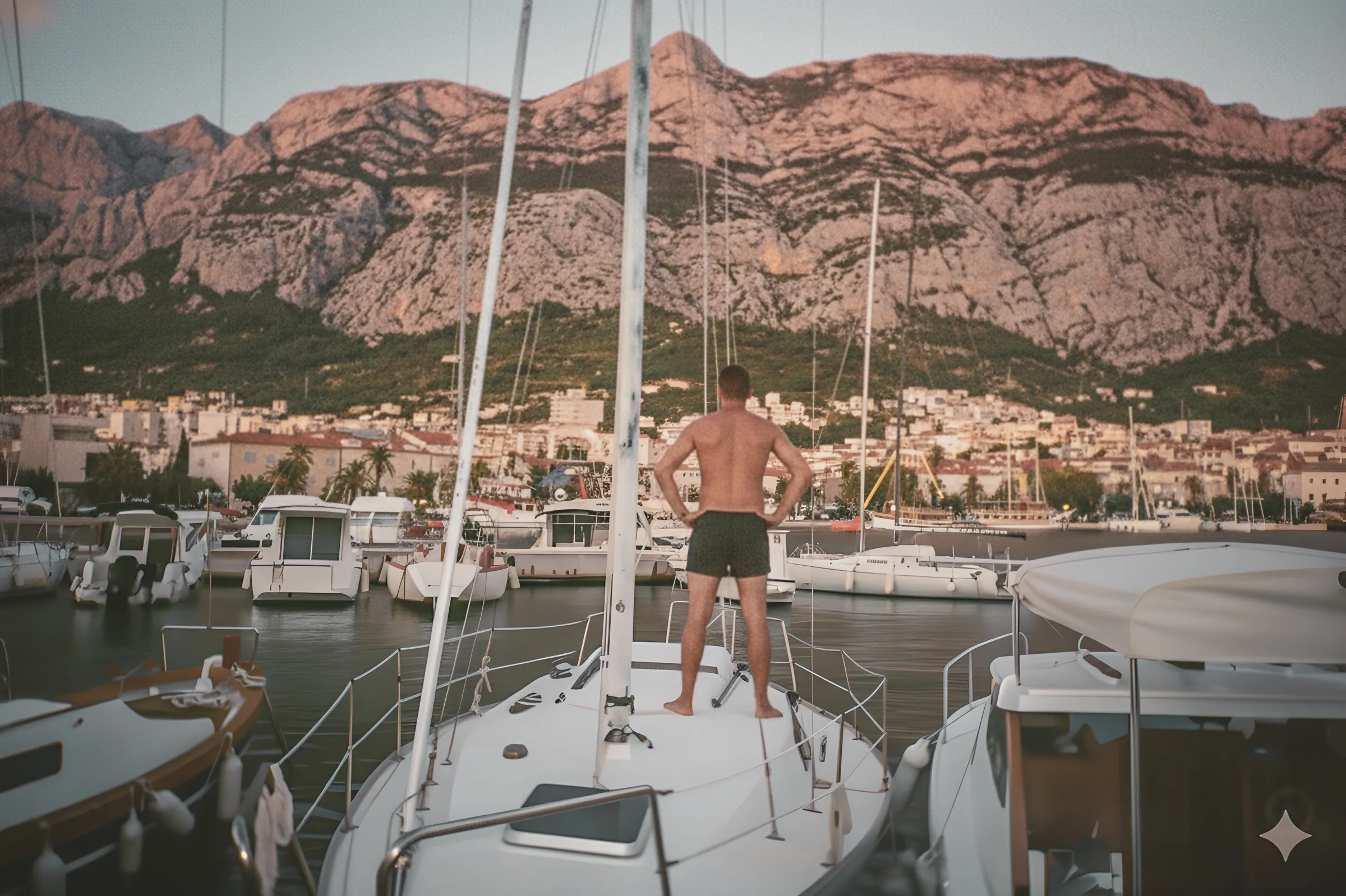 Un homme se tient sur un bateau de voile, admirant les montagnes au coucher du soleil en Corse.