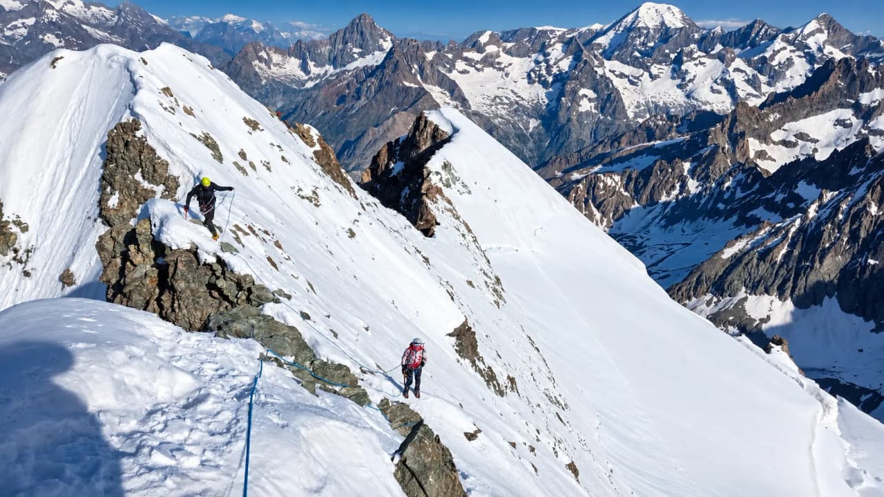 Twee klimmers aan het touw op een besneeuwde rotsgraat, met zicht op de hoge toppen van de Écrins.