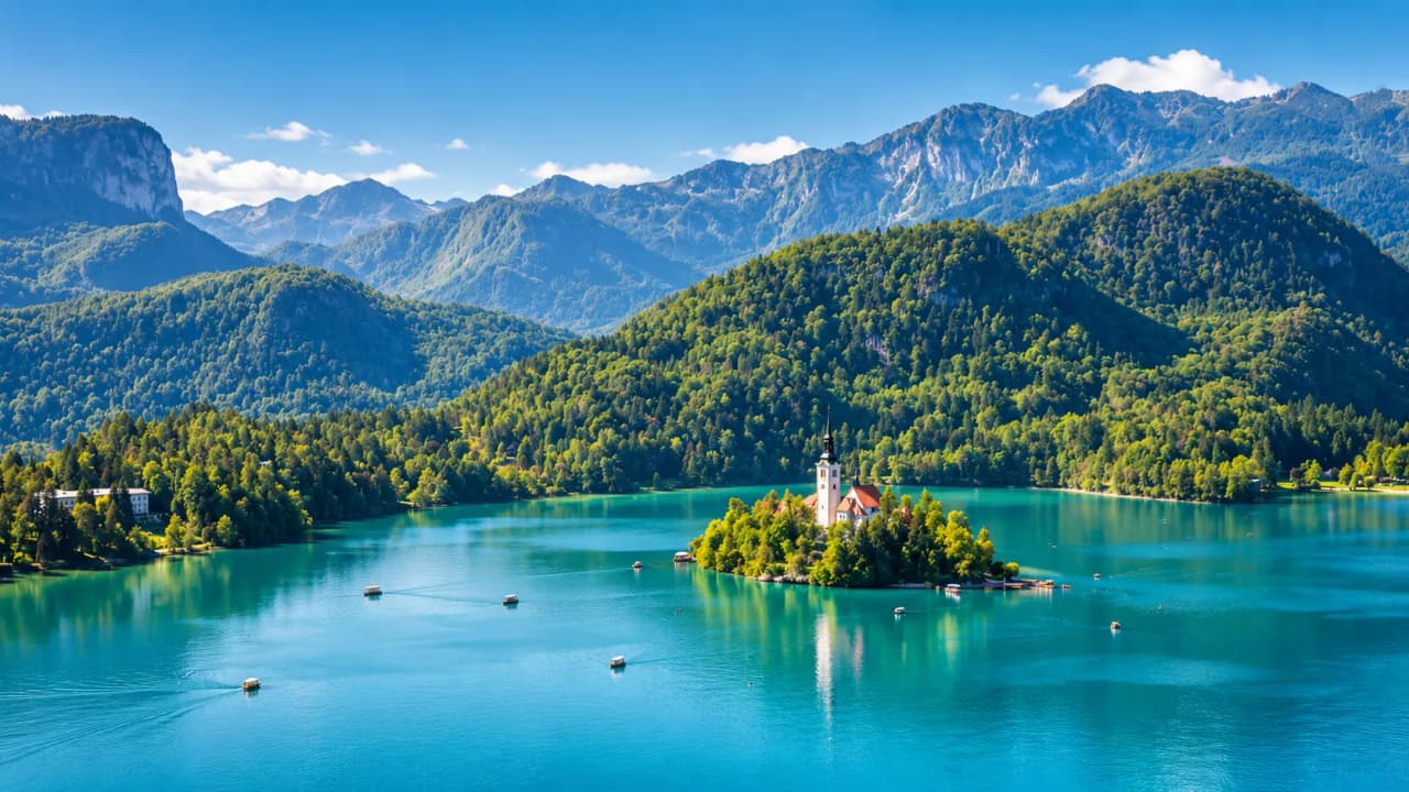 An emerald-green lake surrounded by mountains, a picturesque island with a church – an invitation to get away from it all.