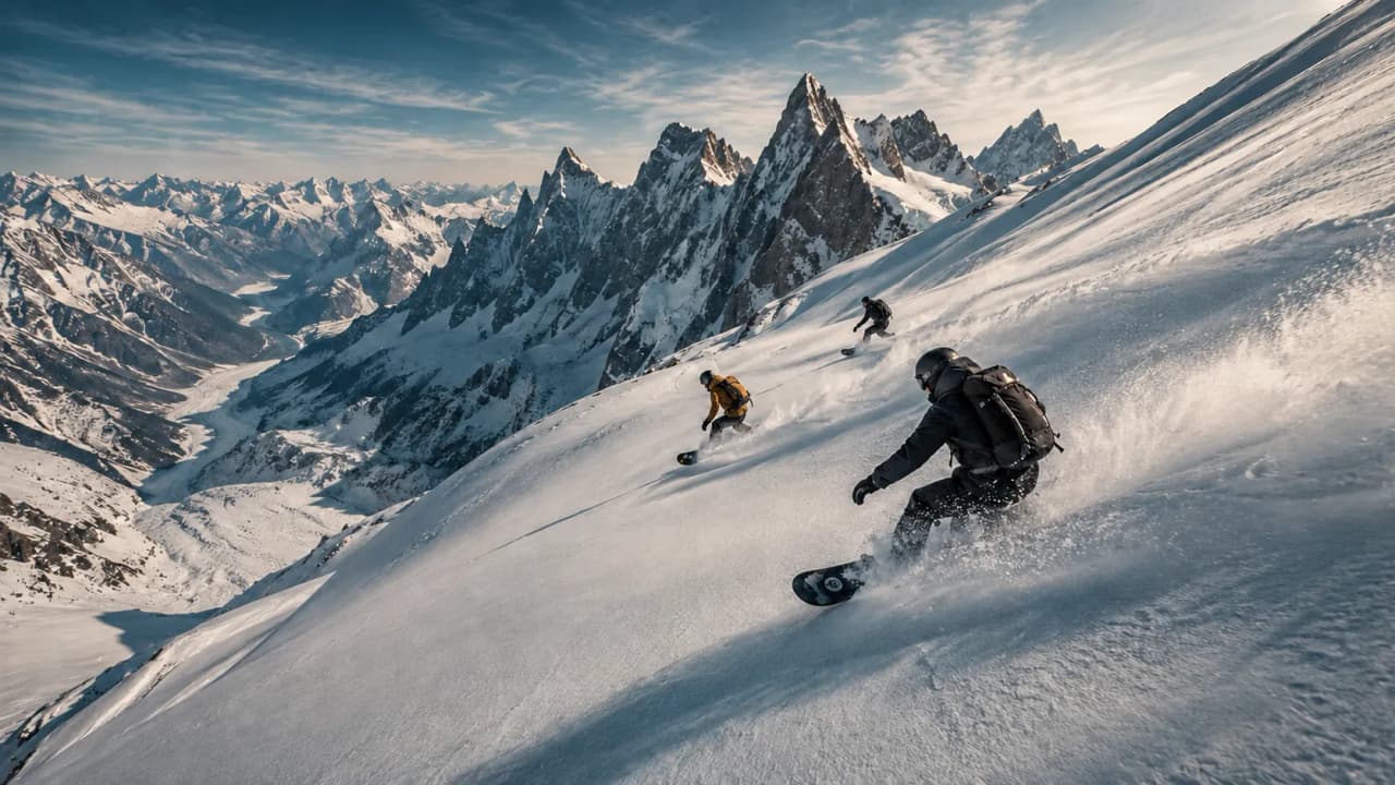 Three snowboarders hurtle down the snow-covered slopes of the majestic mountains around Chamonix.