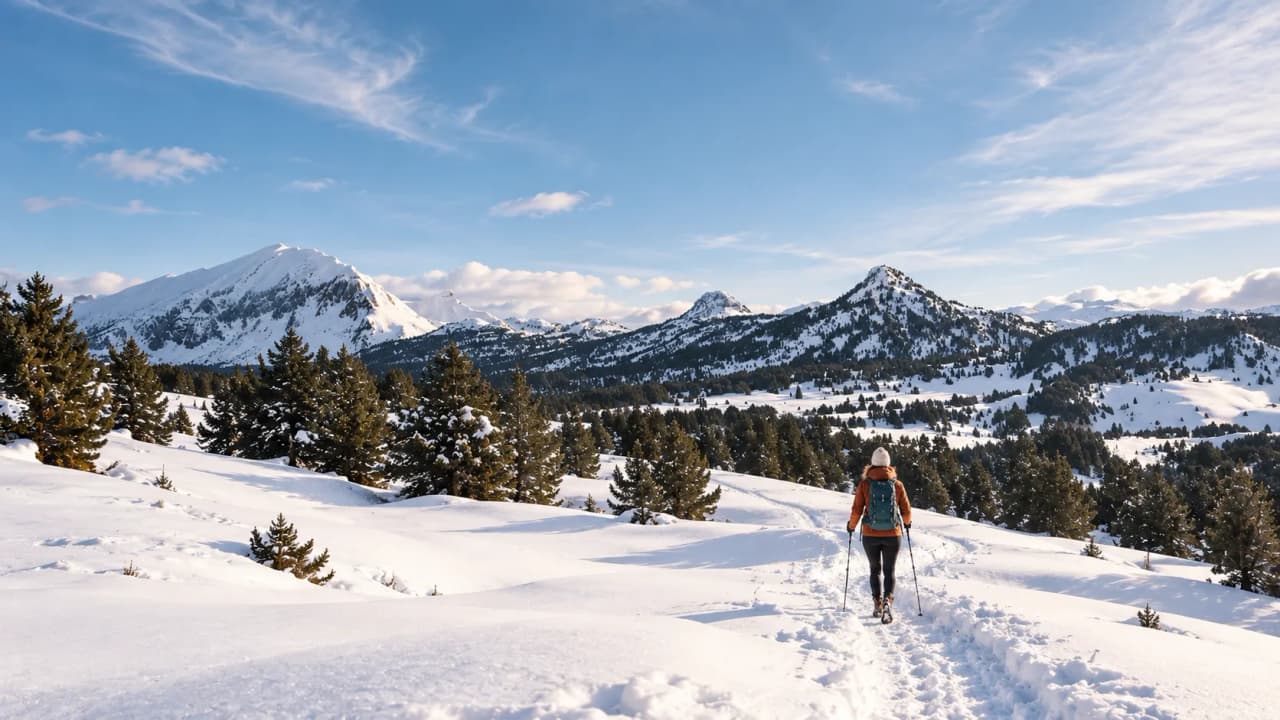 A sunny snowshoe hike in the Vercors, with snowy landscapes and majestic mountains.