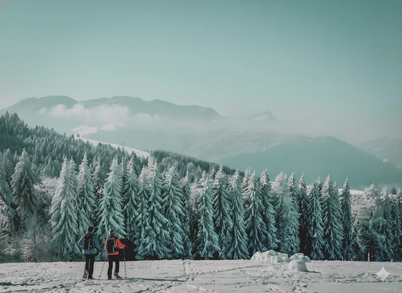 Randonnée en raquettes dans un paysage enneigé des Alpes juliennes, entre arbres majestueux et montagnes.