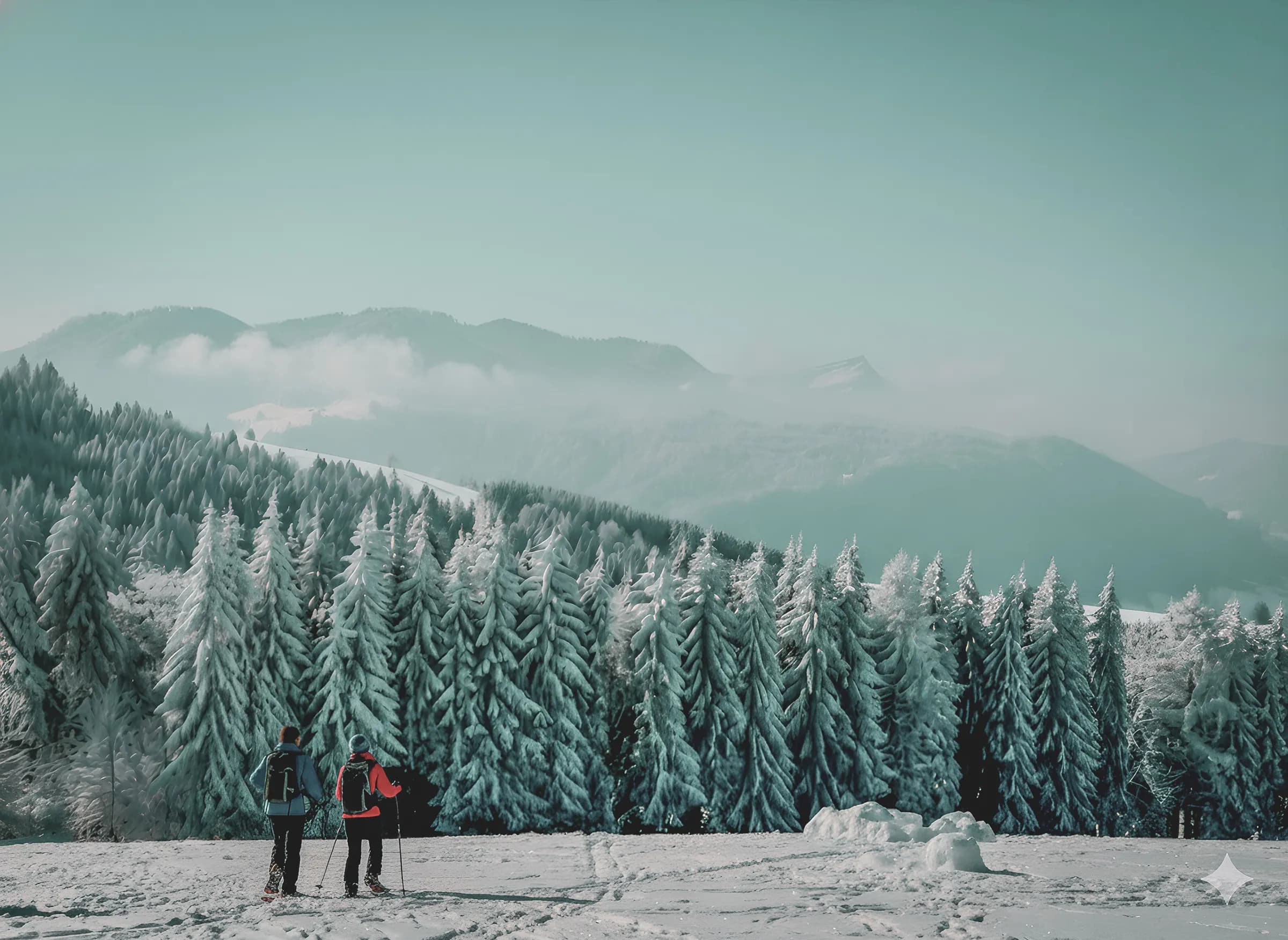 Randonnée en raquettes dans un paysage enneigé des Alpes juliennes, entre arbres majestueux et montagnes.