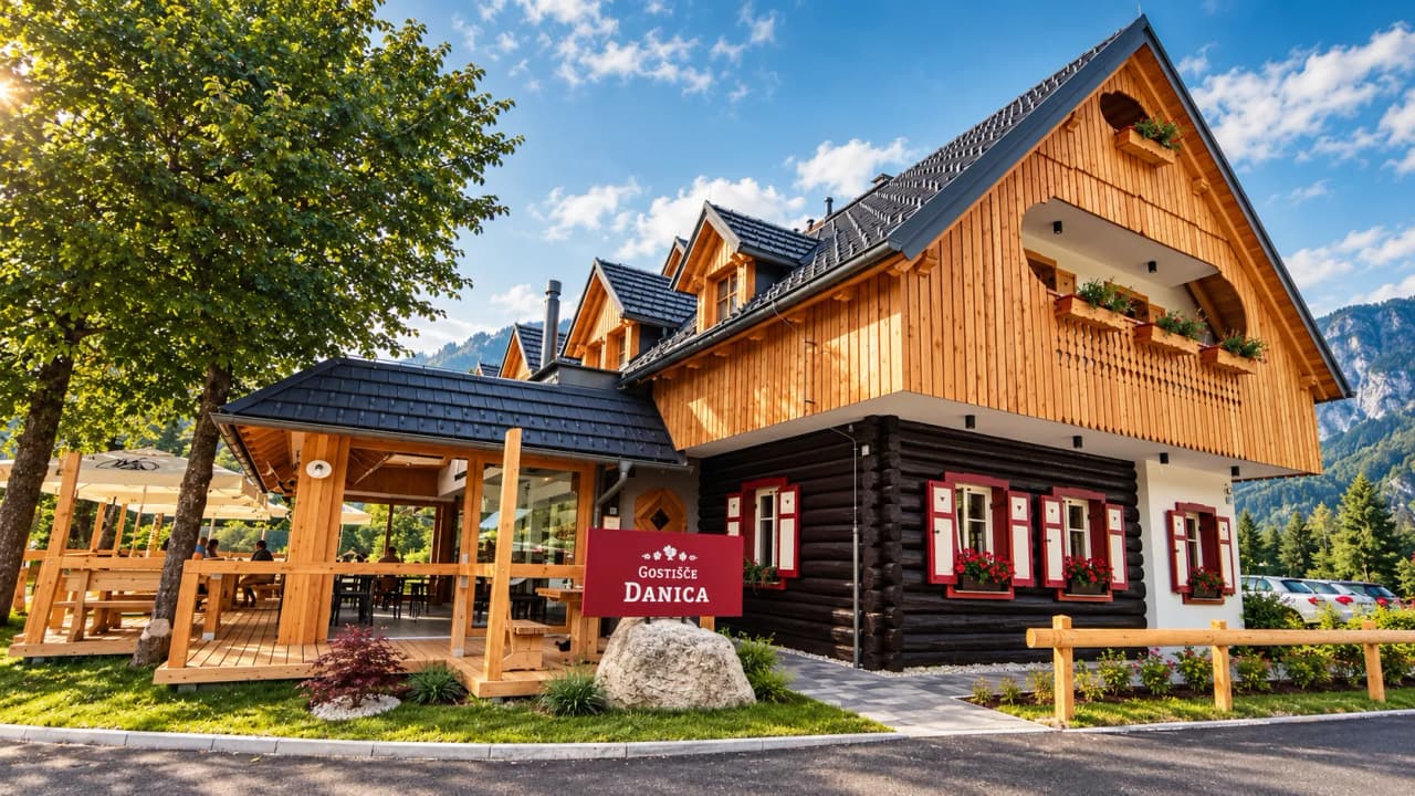 A charming wooden inn surrounded by greenery, inviting you to set off on an adventure in Slovenia.