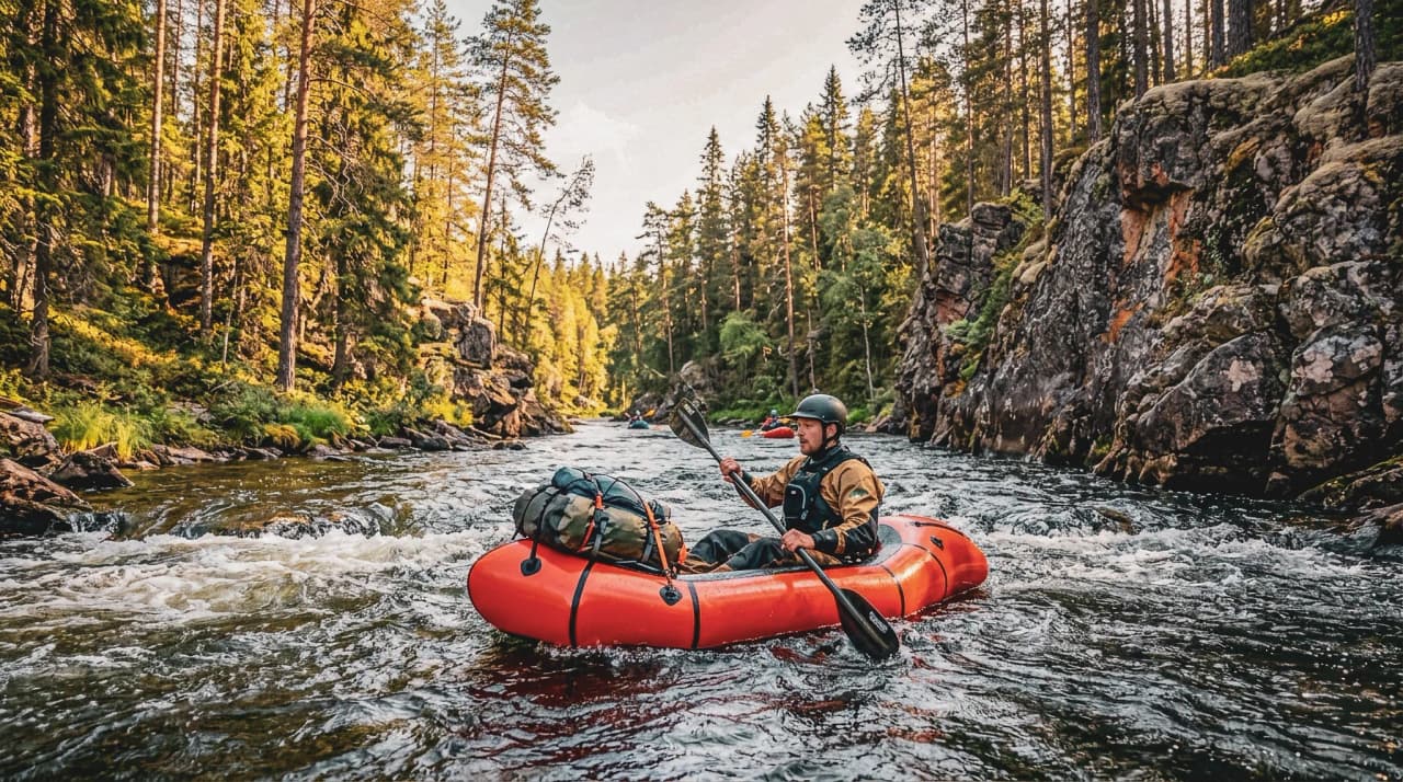 Deux aventuriers pagayant paisiblement sur une rivière sauvage entourée de nature luxuriante en Laponie.