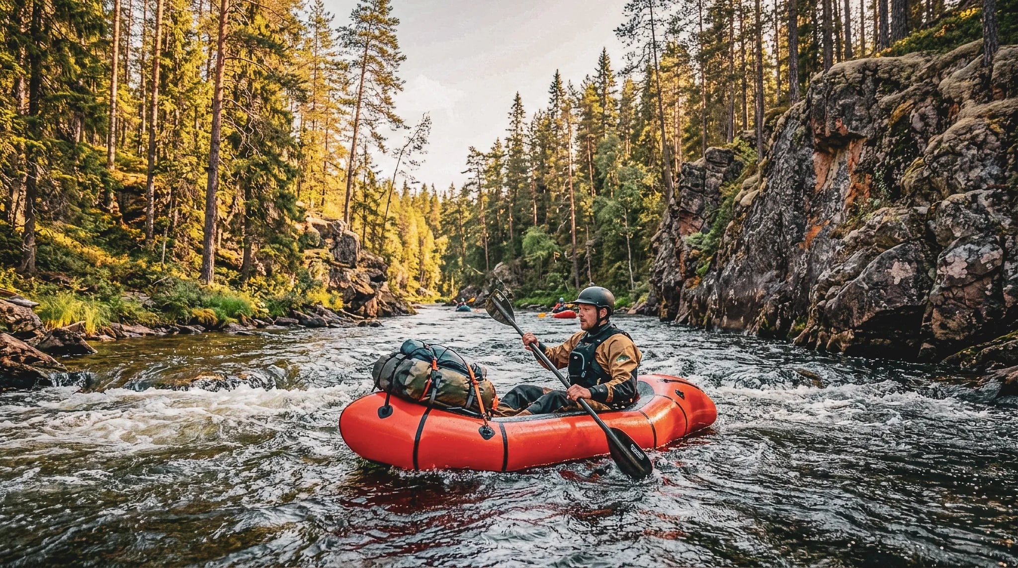 Two adventurers paddle peacefully on a wild river surrounded by lush nature in Lapland.