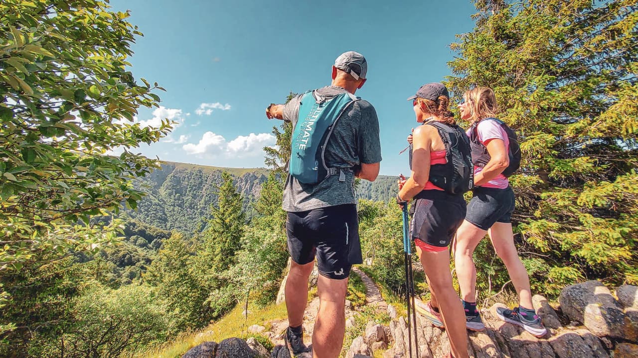 Trois randonneurs admirent le panorama verdoyant des Vosges sous un ciel ensoleillé.
