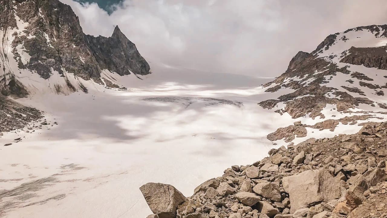 A panoramic view of a glacier, surrounded by majestic mountains, an invitation to alpine adventure.