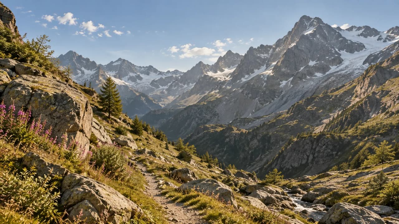 The majestic landscape of the Écrins, a path winding through wildflowers and snow-capped mountains.